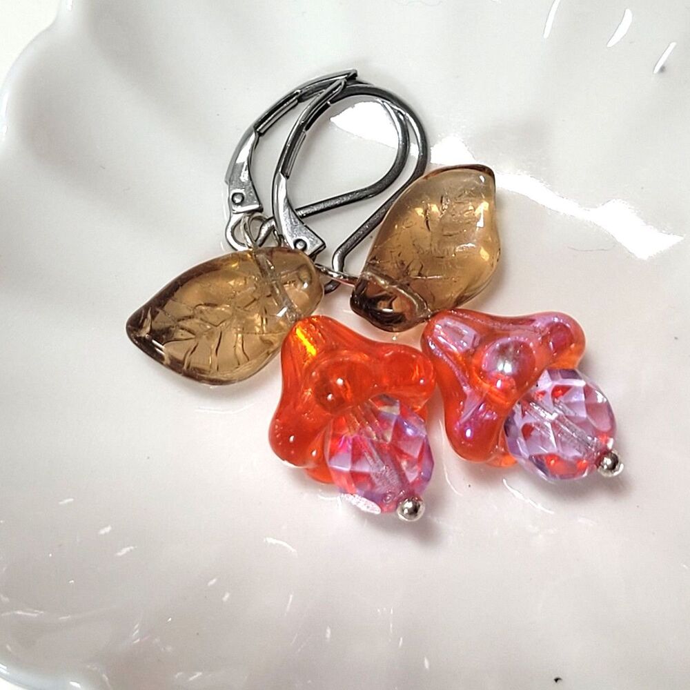 Orange Glass Stainless Steel Leverback Hidden Meaning earrings Floral Fae 663■